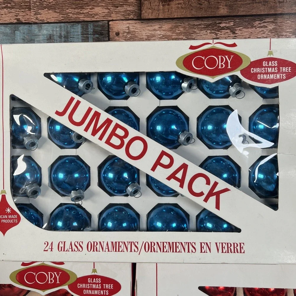 Vintage - 3 Jumbo‎ Boxes Of 24 Coby Christmas Tree Glass Ornaments Red & Blue